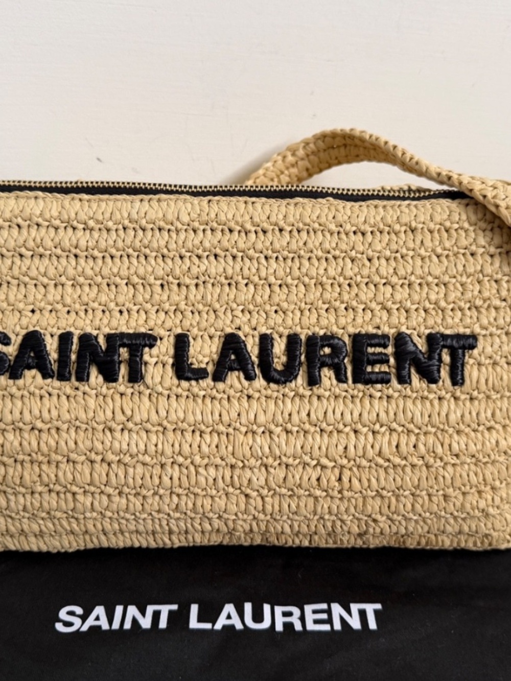 Saint Laurent YSL Le Rafia Beige Black Woven Embroidered Logo Zip Crossbody Bag - Picture 2 of 15